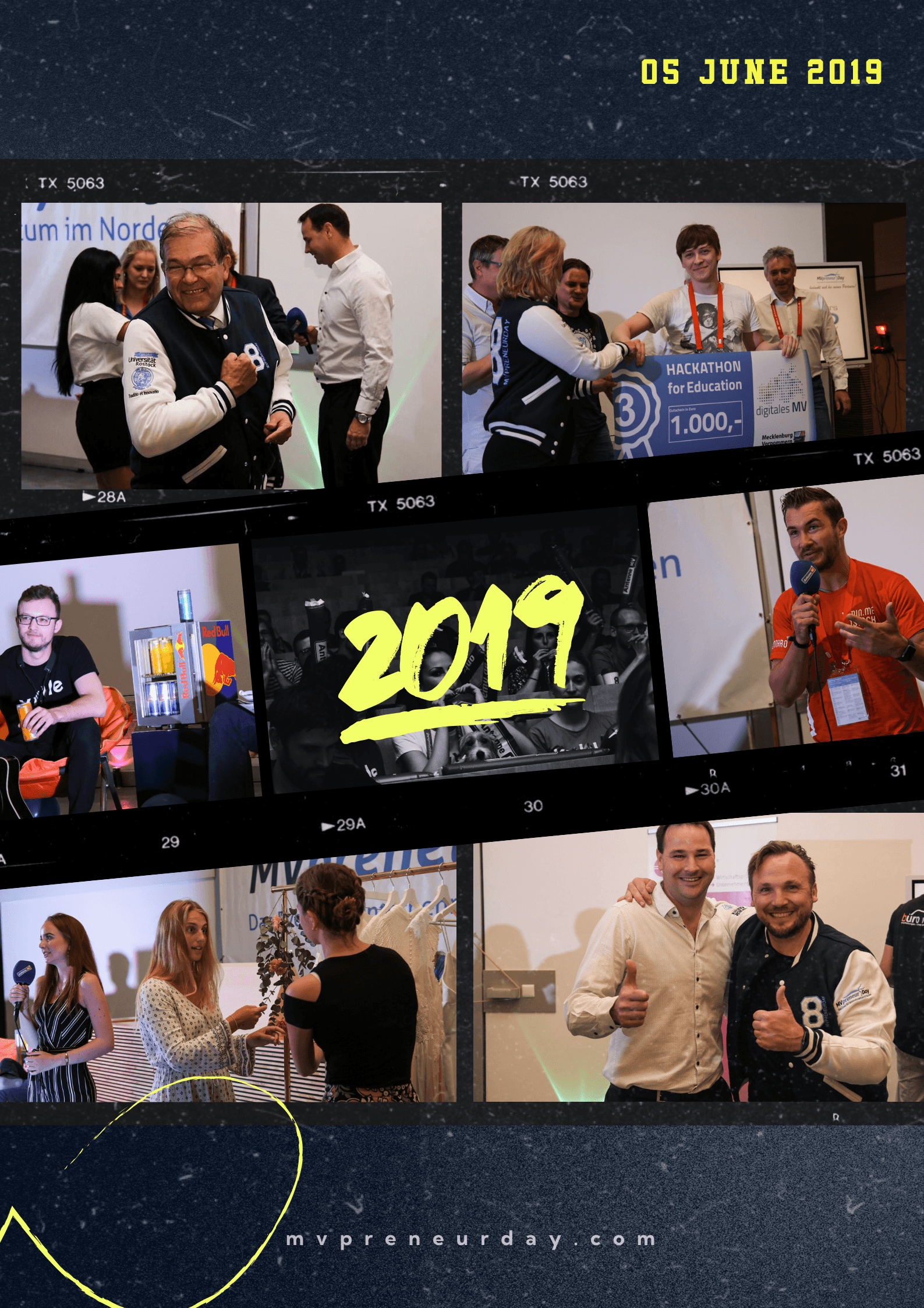 Bildercollage zum MVPRENEUR Day 2019: Pitches, Publikum und Netzwerkmomente. Groß „2019“ dargestellt. 