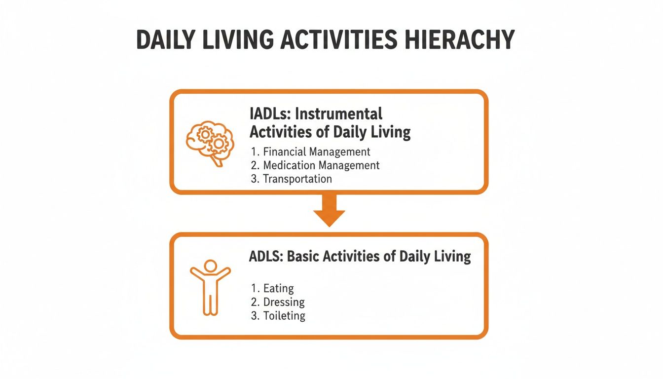 Hierarchy of daily living activities, outlining instrumental (IADLs) and basic (ADLs) tasks with examples.