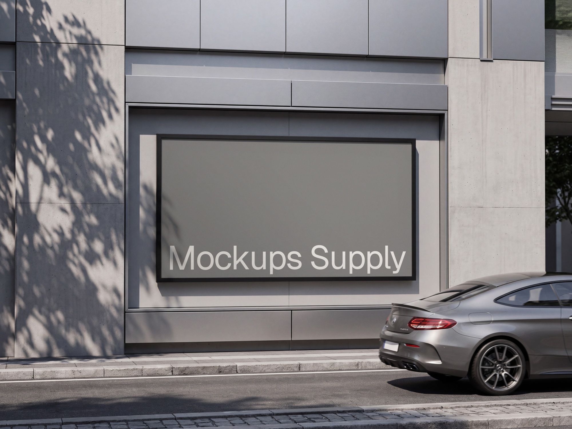 Concrete panel facade with a dark framed landscape billboard mockup
