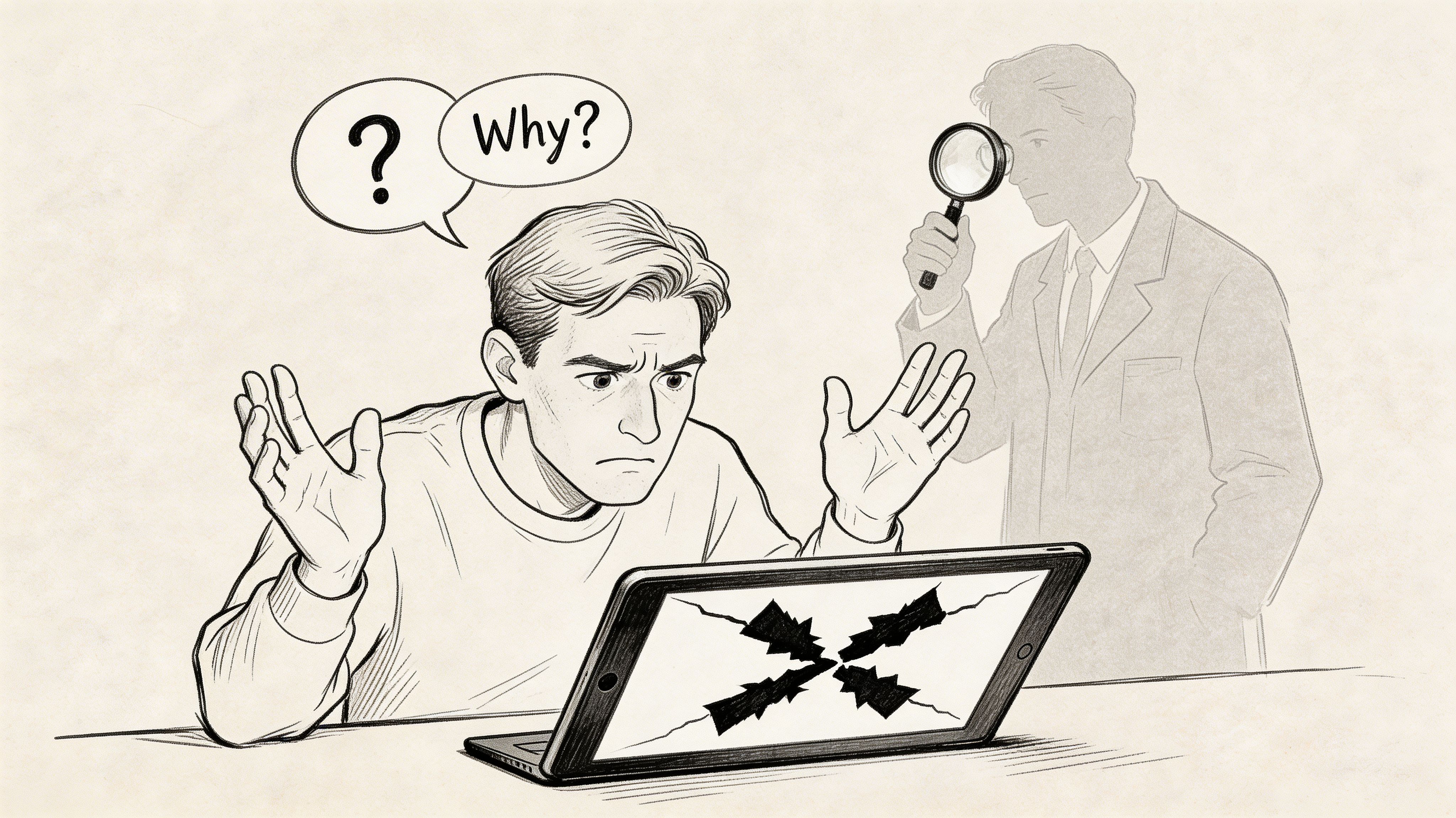 A confused person staring at a broken digital tablet screen while a researcher investigates with a magnifying glass.