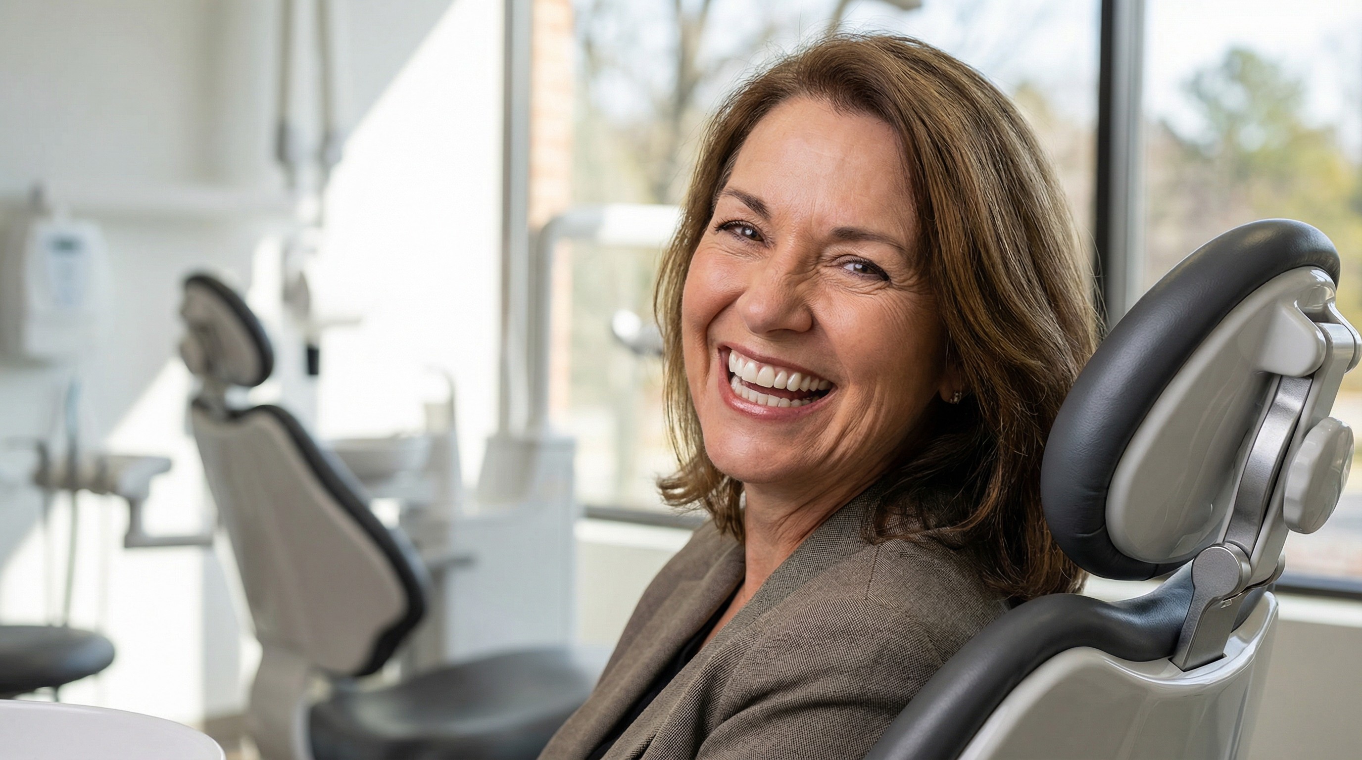 Patient displaying confident and natural-looking all-on-4 smile restoration showing complete tooth replacement success