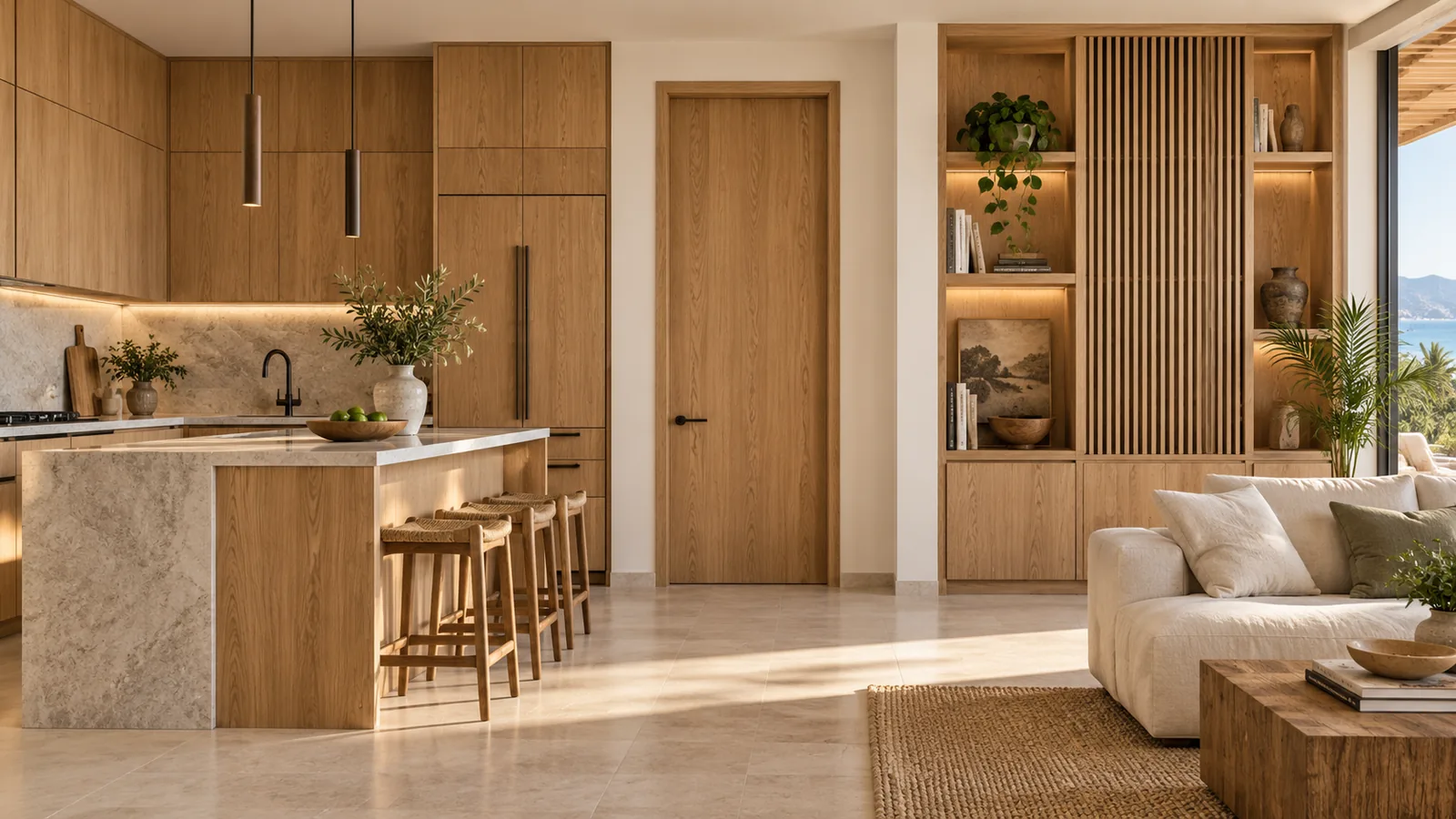 Referencia ilustrativa de carpintería integral con cocina, puerta y mobiliario de madera en un interior contemporáneo.