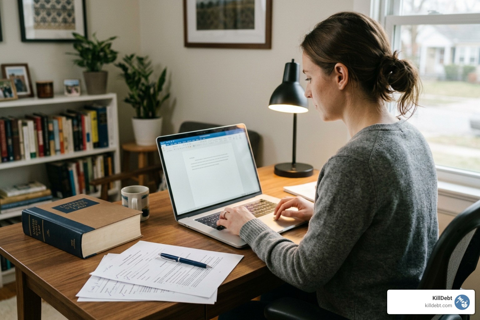 A consumer calmly drafting their legal answer on a computer