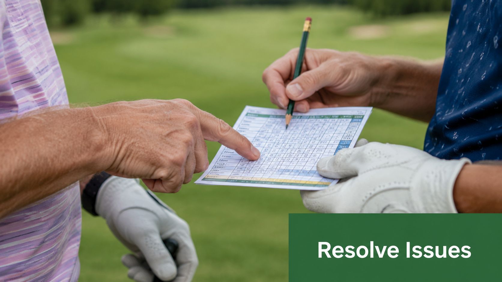 A close-up view of two golfers reviewing and marking a scorecard on a green golf course.