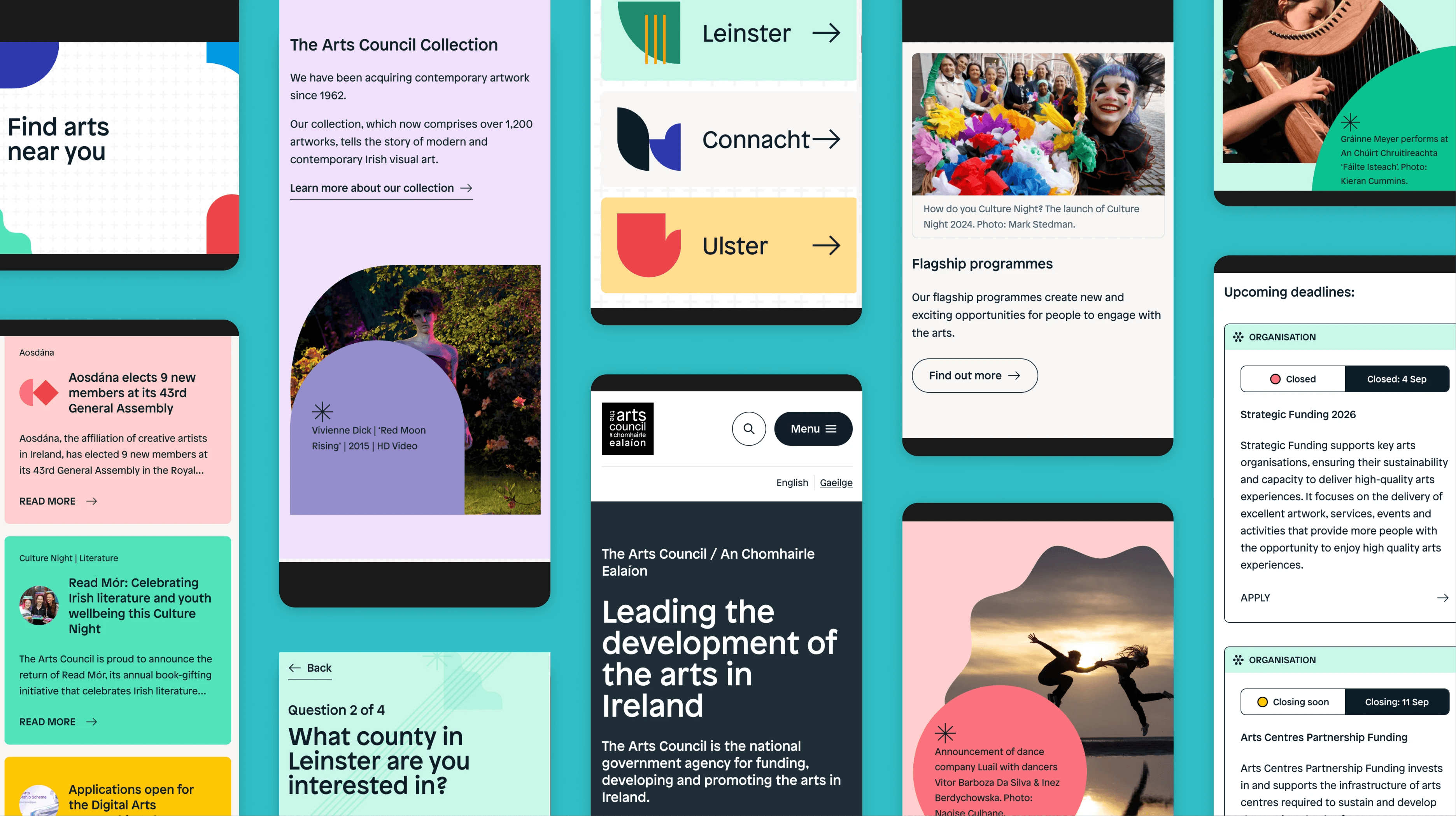 Collection of website interface mockups showing accessible digital design components for the Arts Council platform — colourful cards, buttons, and imagery from Irish arts.