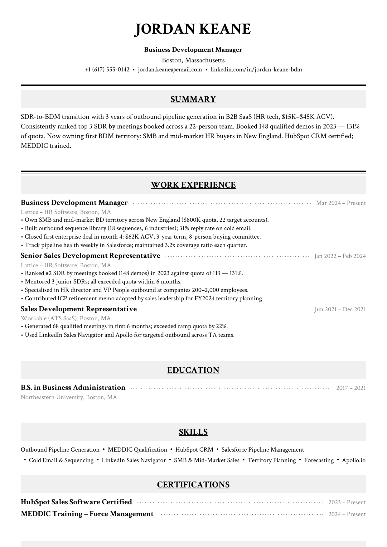 Entry-level business development manager resume example