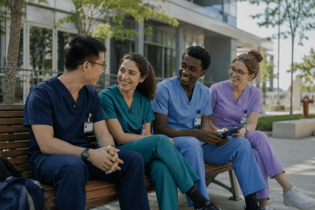 Medical students in white coats in a university corridor