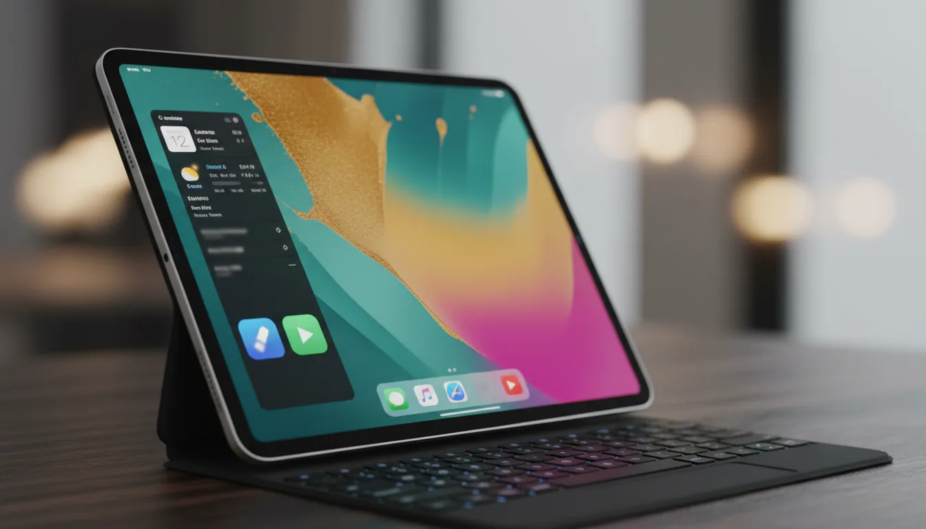 DSLR photograph, close-up shot of an Apple iPad Pro attached to a black keyboard case, resting on a dark wood grain desk. The screen is on, displaying the vibrant iPadOS home screen with a colorful flowing wallpaper of teal, yellow, and magenta. The interface has multiple widgets and app icons with abstracted UI elements. Soft ambient lighting illuminates the scene, creating gentle reflections on the device's bezels. The background is softly out of focus, creating a shallow depth of field with a beautiful bokeh effect.