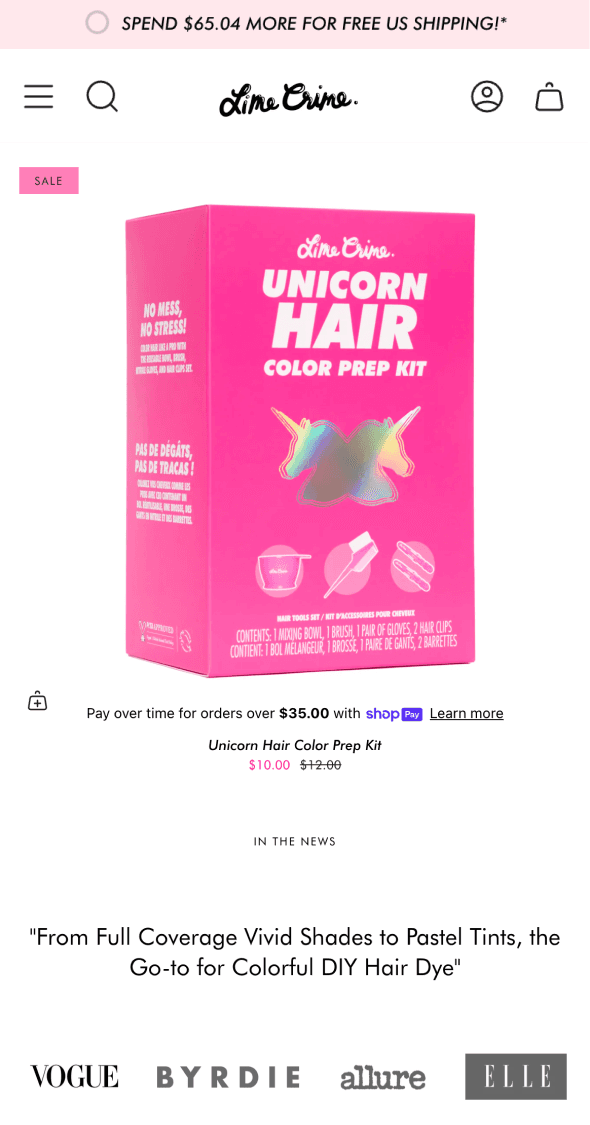 Mobile Shopify product detail page for Lime Crime highlighting individual product and details