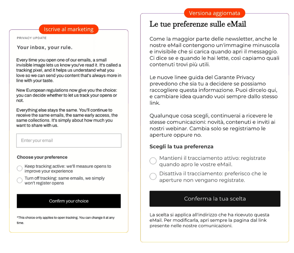 due mockup affiancati. A sinistra una landing di revoca con il campo eMail e la nota “iscrive al marketing” (anonimizzata, niente marchi); a destra la nostra, senza campo e con una sola scelta.