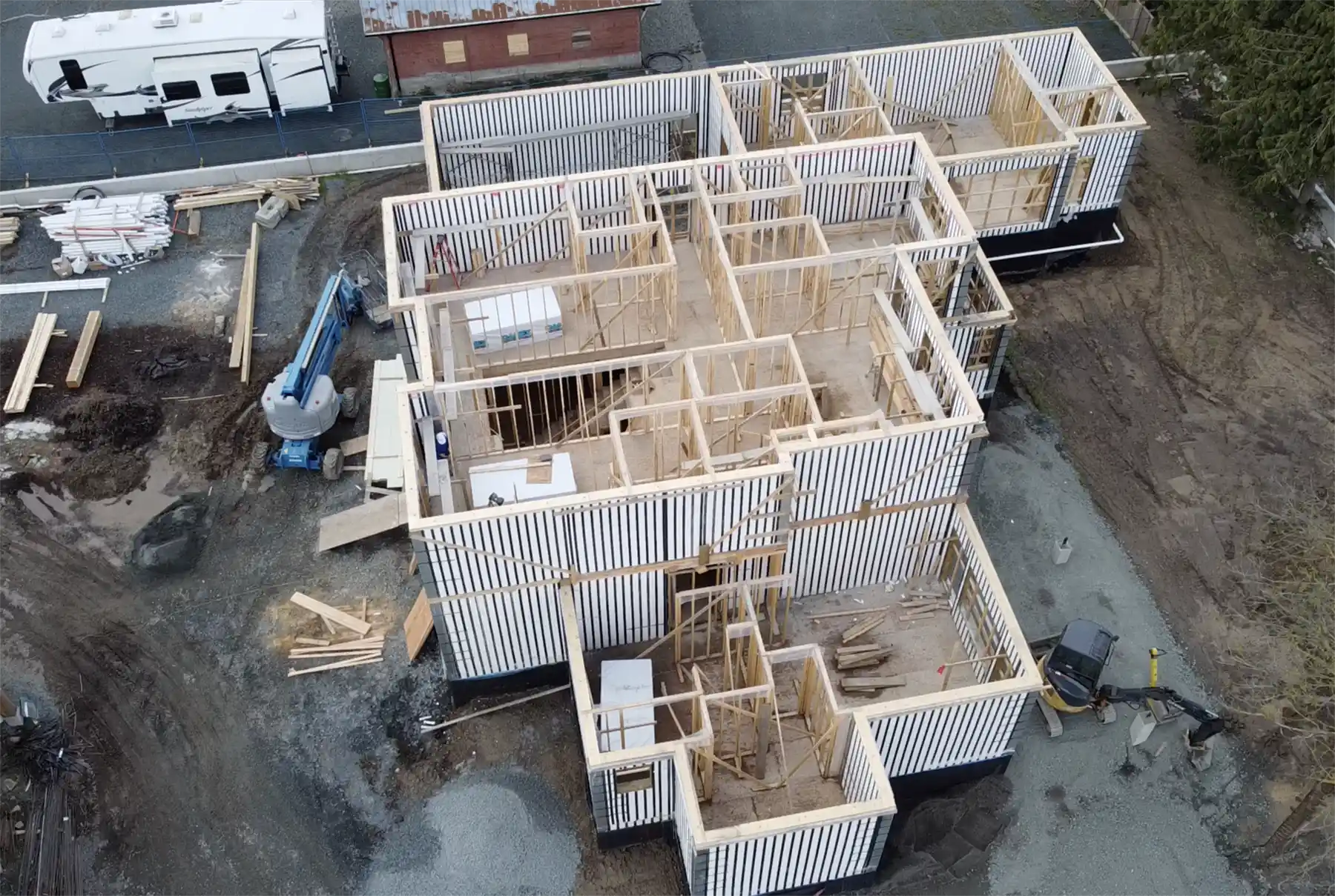 Aerial view of completed Pow-R-Wall foundation with vertical ICF panels visible