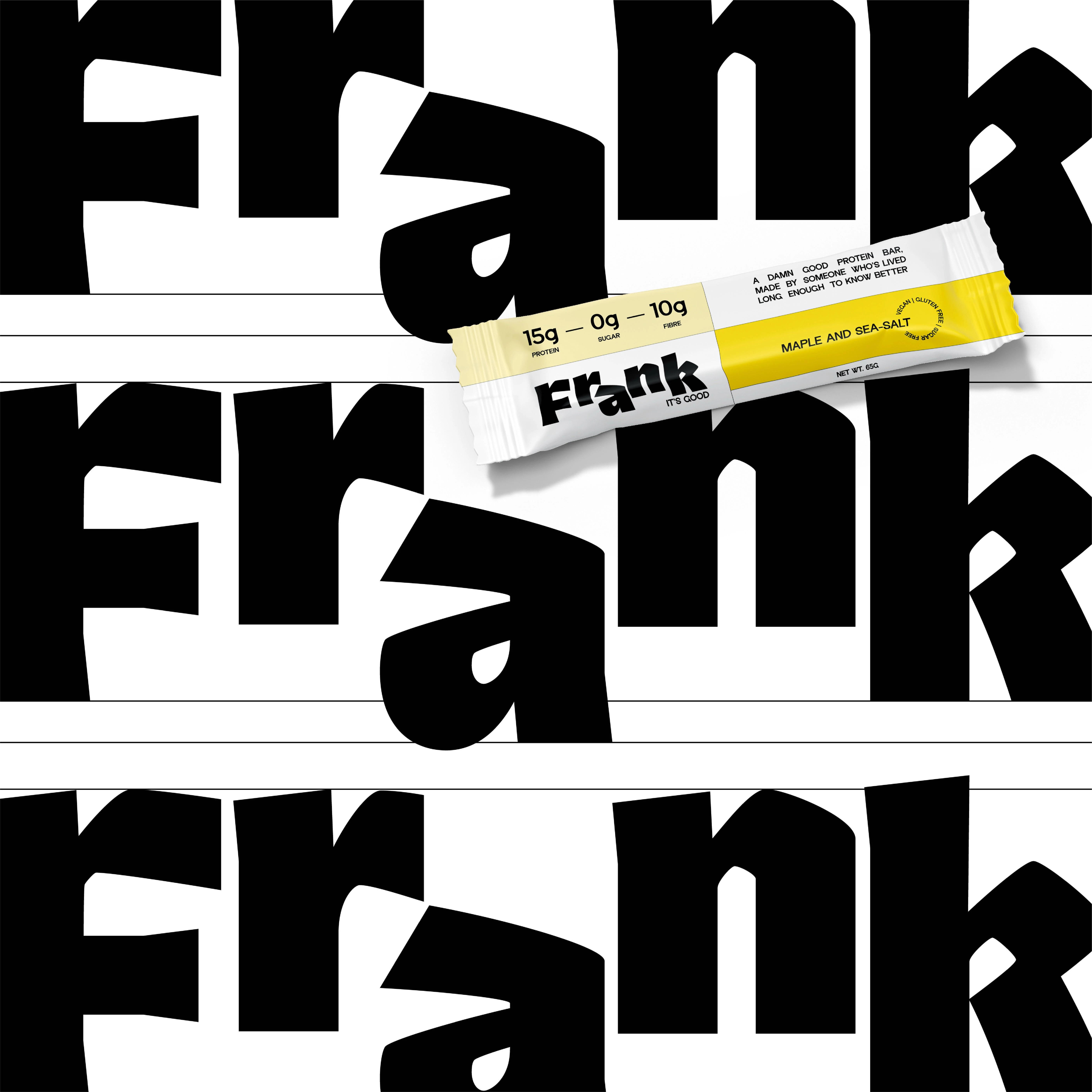 Frank- Protein bar labeled "Frank" with a modern design lies on a black and white patterned background repeating the word "Frank." Emphasis on clean, bold text.