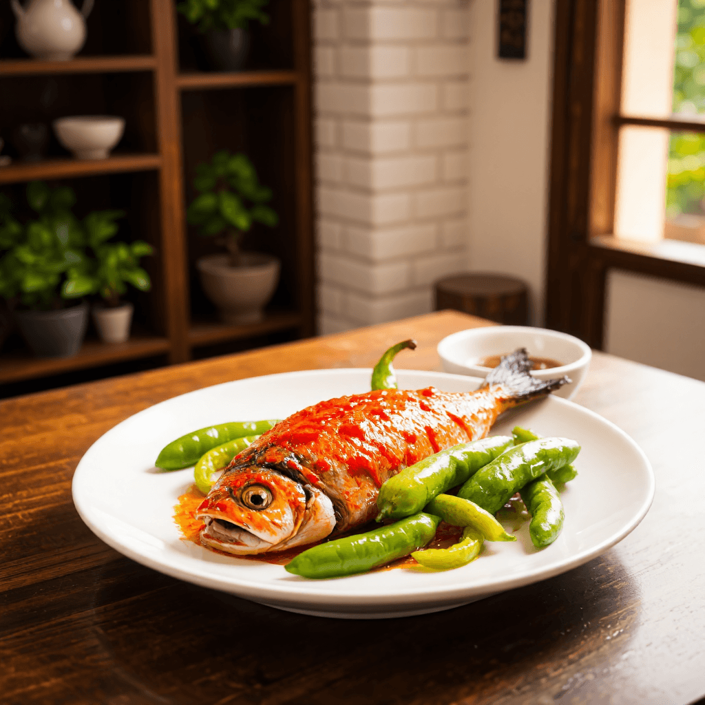 product photography of plate of spicy fish and green peppers