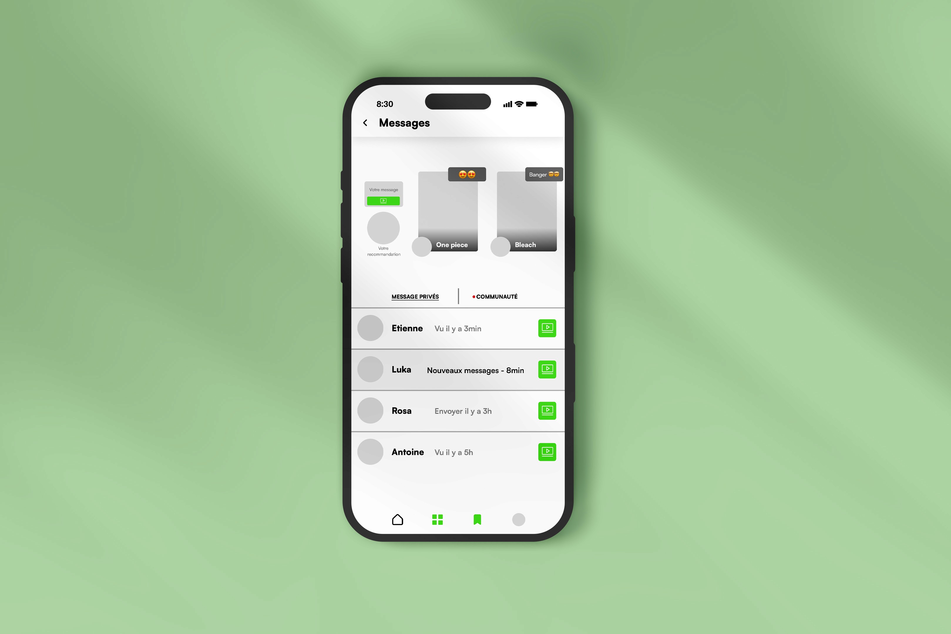 Mockup of the message page of the Greed app