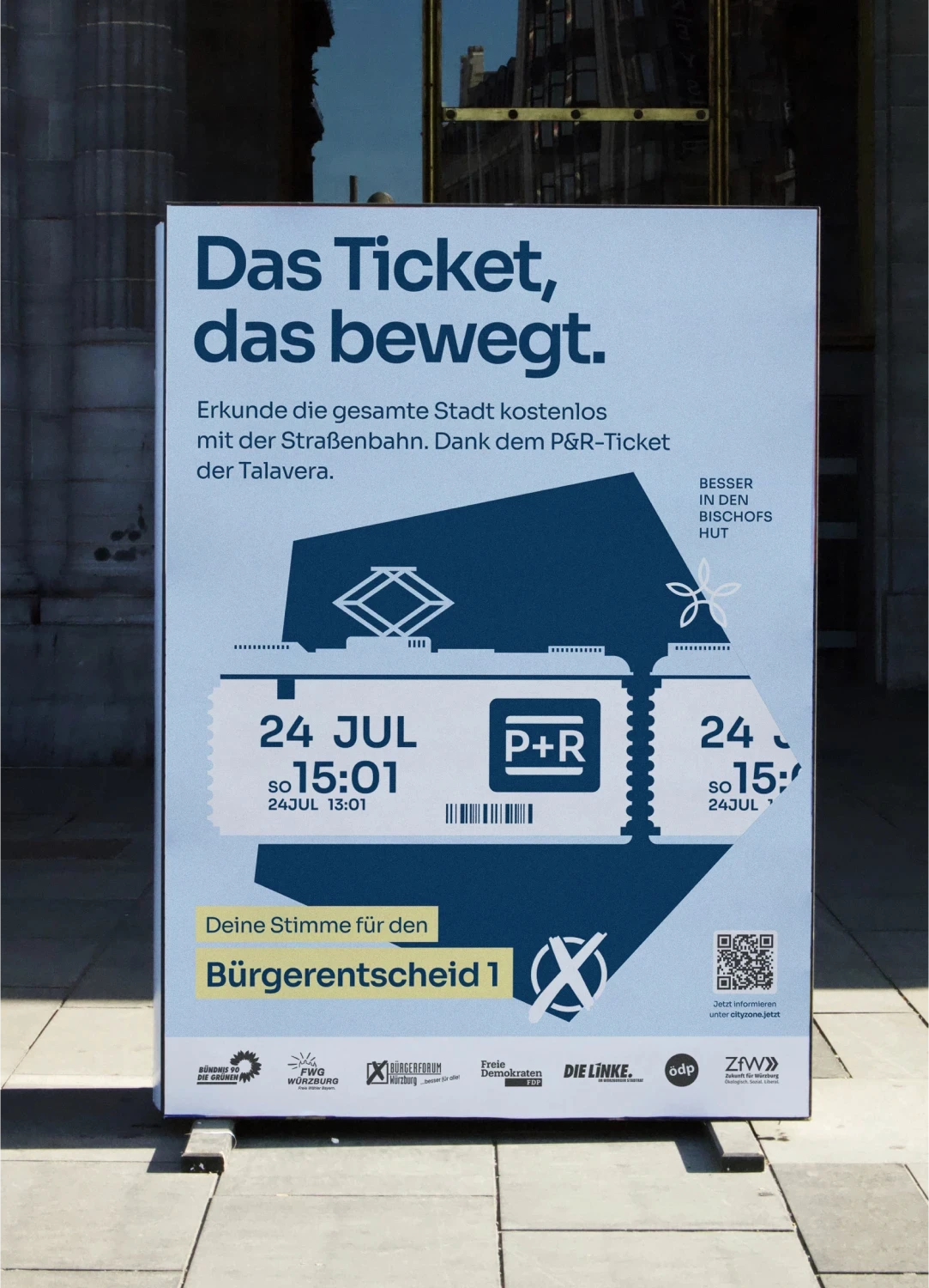 Plakatständer für die politsche Kampagne des Bürgerentscheids für bessere Mobilität in der Würzburger Innenstadt, gestatet und konzipiert von der Agentur fjnland