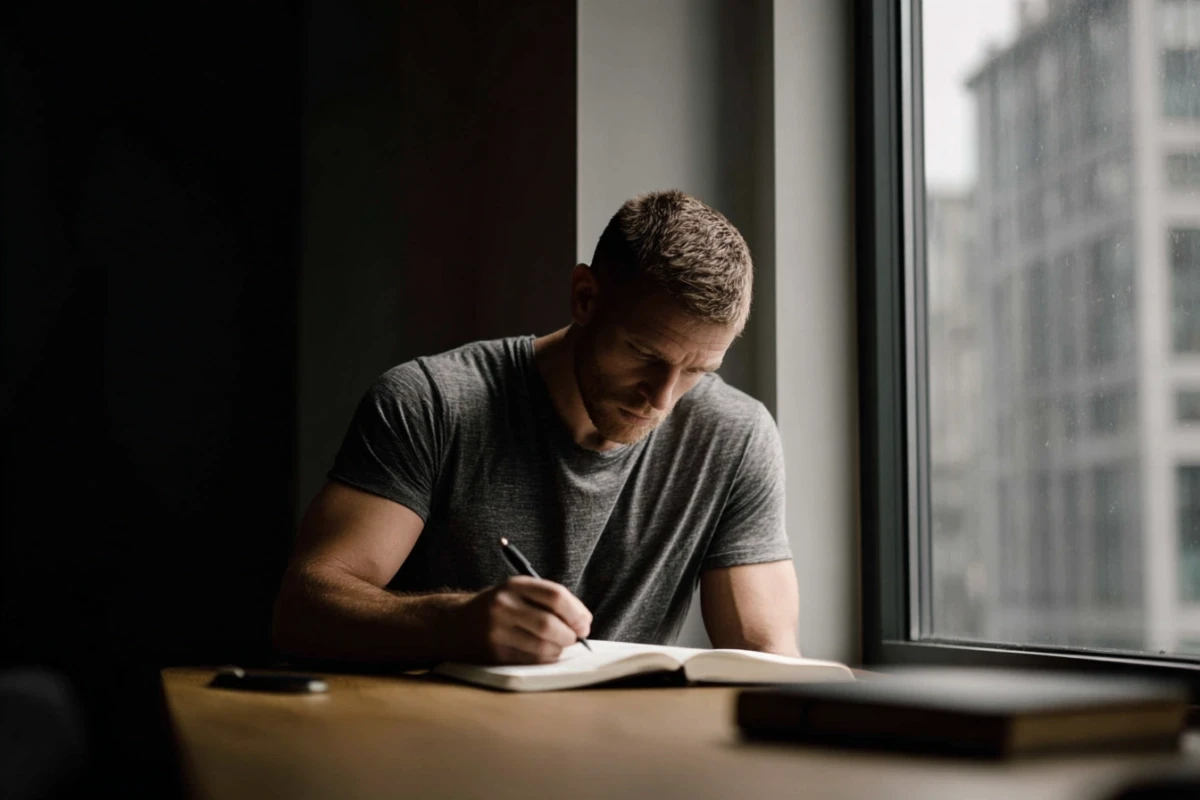 Man writing in journal at desk