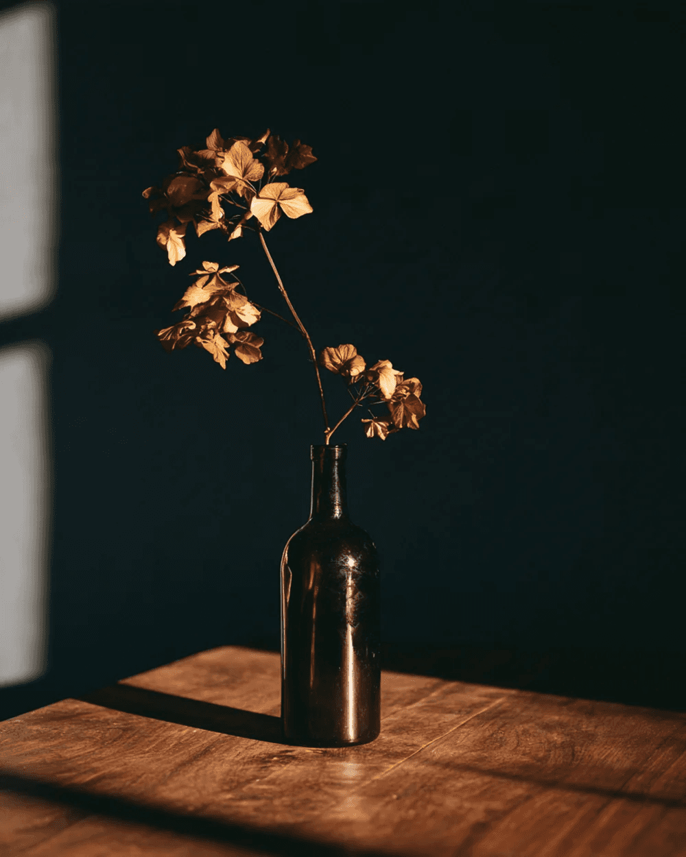 A dried branch in a dark glass bottle