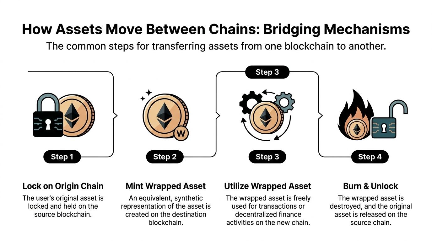 A diagram illustrating the four-step bridging mechanism for transferring digital assets between different blockchain networks.