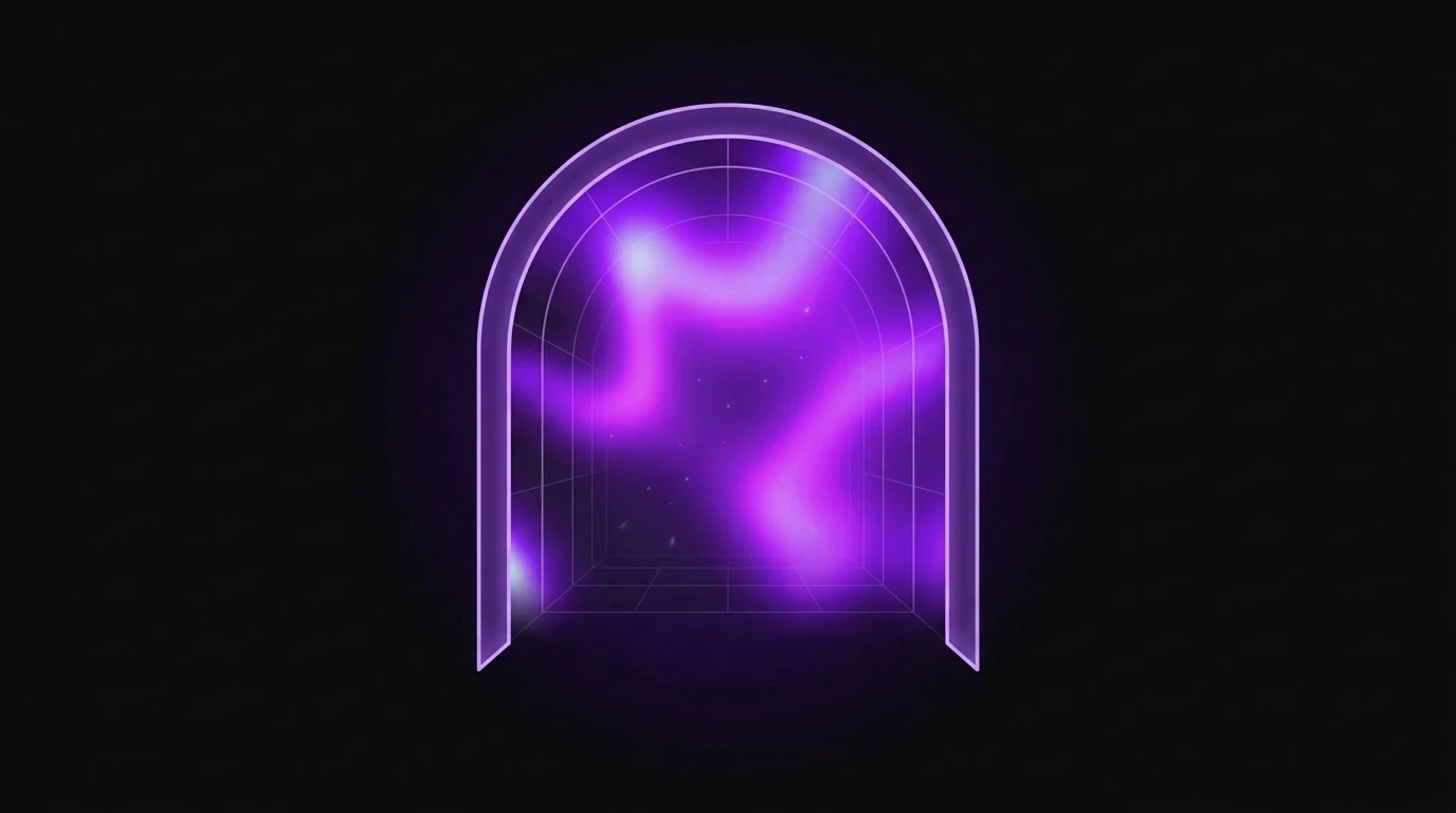 A sleek, minimalist illustration of a glowing geometric archway with violet and magenta light spilling through on a deep black background, representing a launchpad.