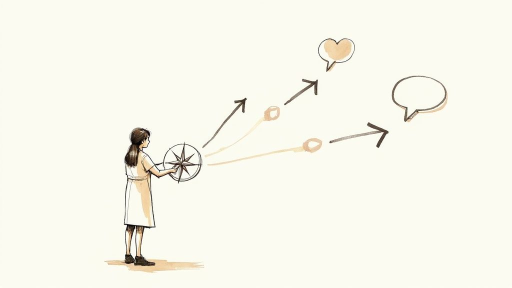 A woman holds a compass, which directs paths towards a heart and a speech bubble.