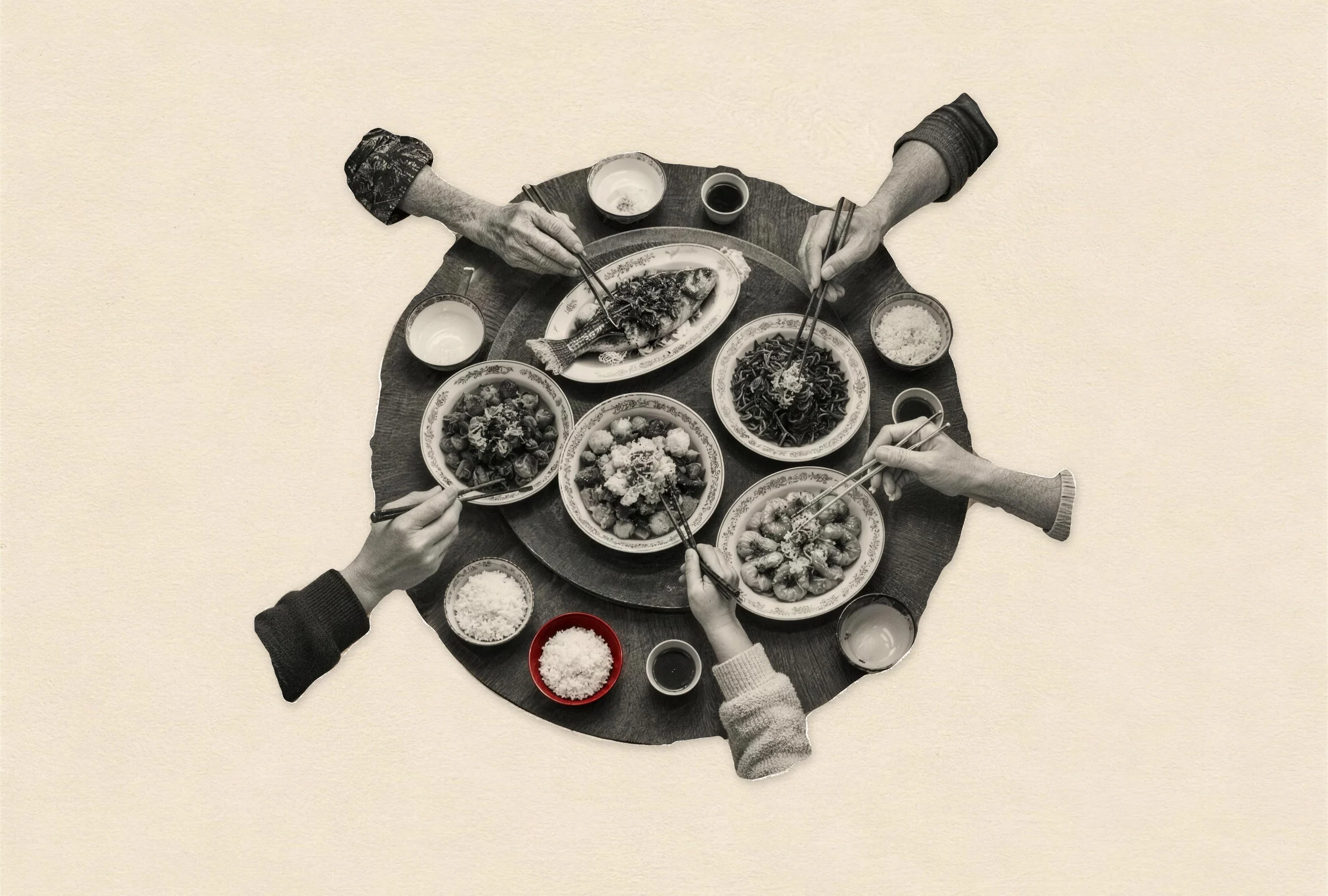 An overhead black-and-white cut-out of a round family dinner table on cream paper. Hands of every age, from an elderly grandparent’s to a small child’s, reach in with chopsticks over shared dishes of steamed fish, greens and prawns, beside small bowls of rice, one of them red.