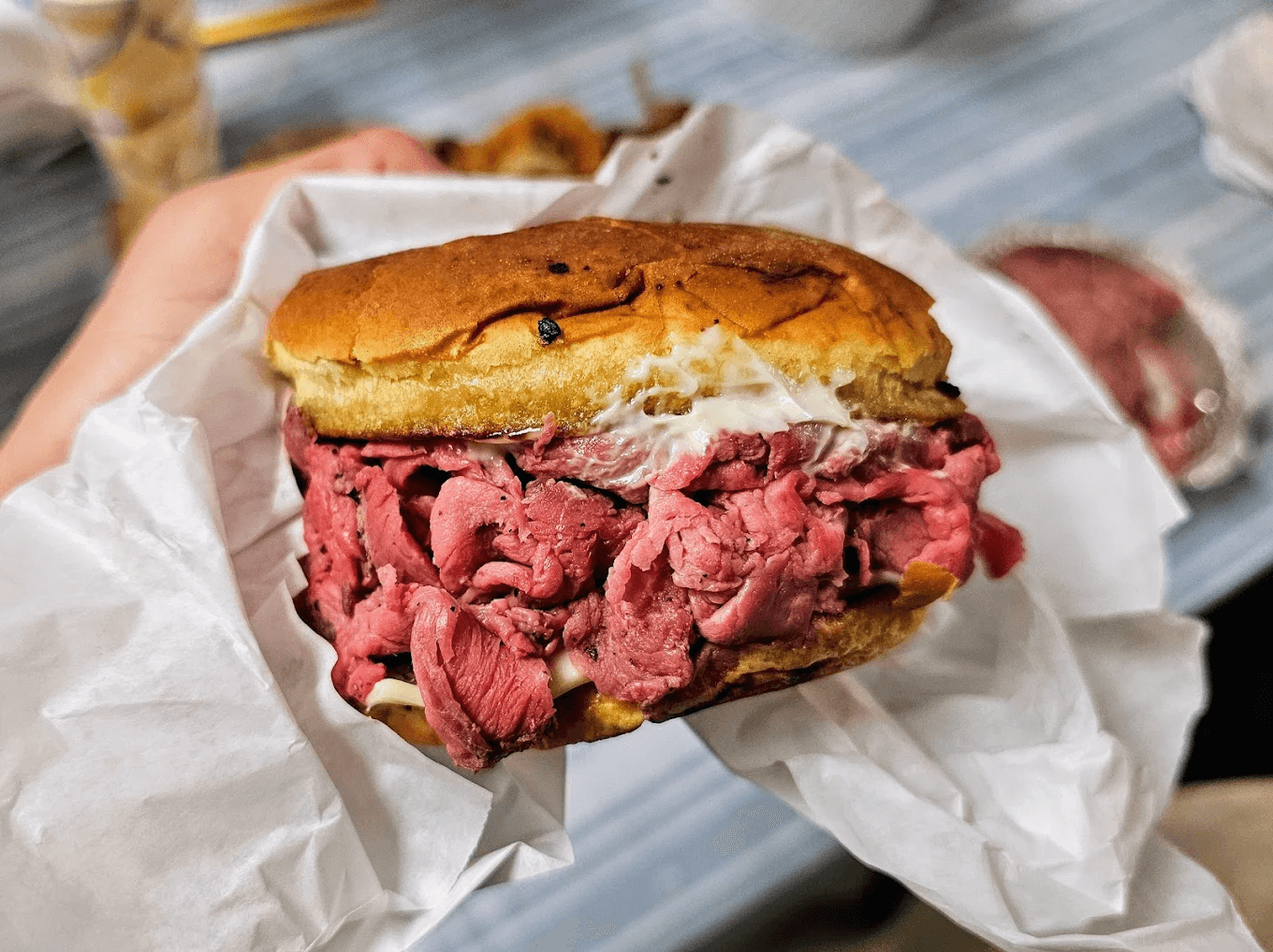 Popular San Diego pastrami sandwich with mayo from Big Jims Roast Beef in Pacific Beach, San Diego