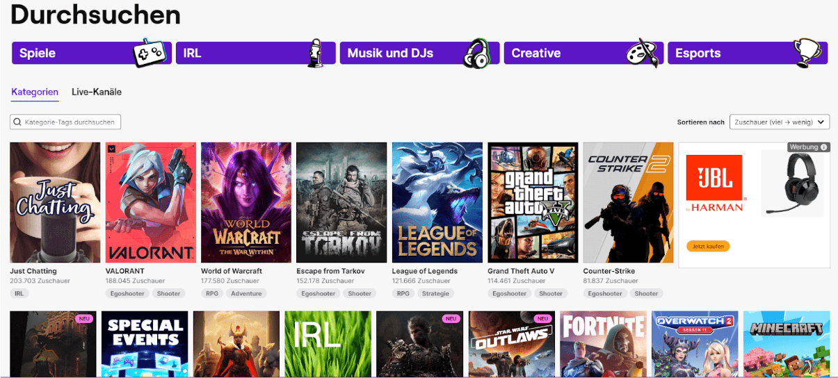 Screenshot der Spielekategorien auf der Livestreamplattform Twitch.