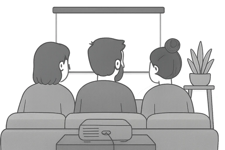 OpenPeeps qui regardent un film documentaire, mangeant du pop corn, en communauté via Döc Chez l'HAbitant