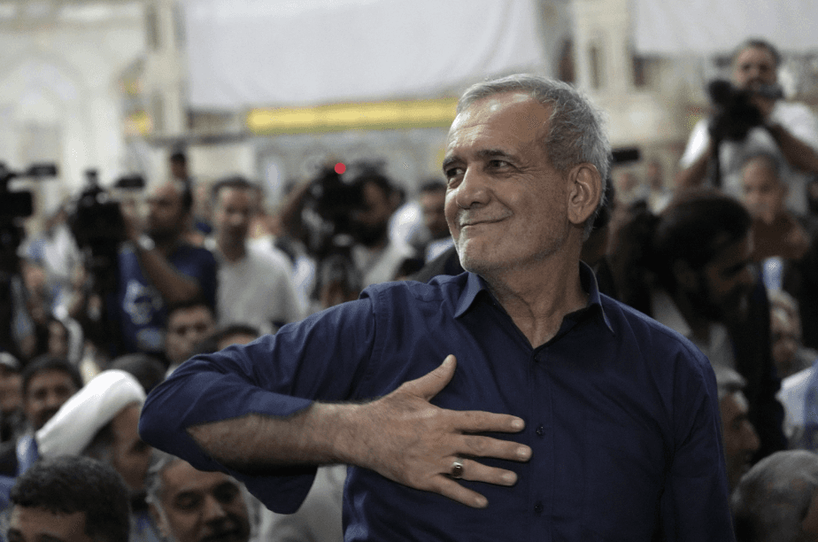 President-elect Massoud Pezashkian acknowledges his supporters at the shrine of the Islamic Republic’s founder Ayatollah Khomeini on Saturday. (Photo Courtesy of Associated Press)