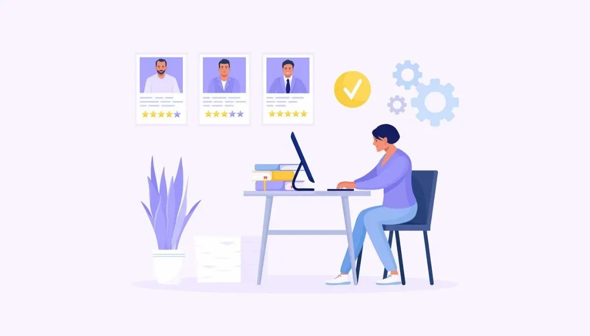 Illustration of a person sitting at a desk reviewing candidate profiles on a computer, surrounded by profile cards with photos and star ratings, gears, documents, and a checkmark—representing what tech employers actually look for when evaluating talent beyond the job description.
