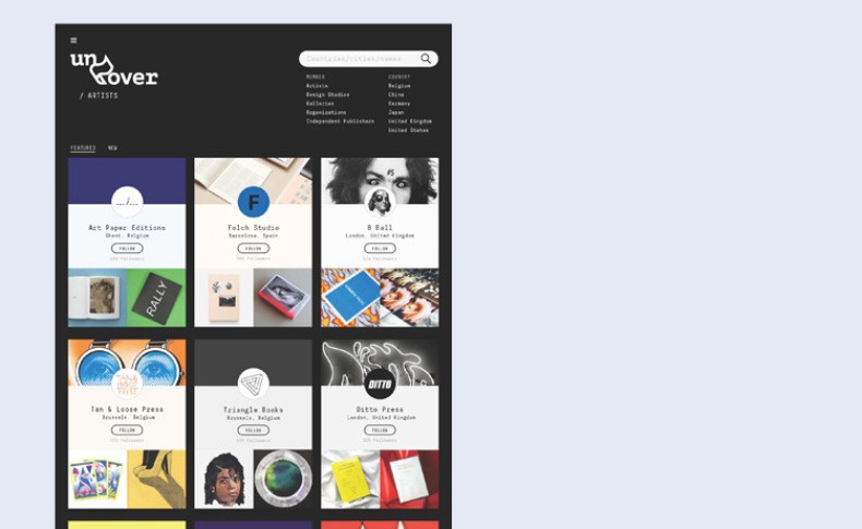 A screenshot of a website displays a grid of thumbnails showcasing various art and design products. The top left corner features the website name “unover” in white text, with “ARTISETS” written below in smaller text. A search bar is positioned to the right. Below the header, a black navigation bar lists categories including “HUMAN”, “Artists”, “Organizations”, “Countries”, “Europe”, “United Kingdom”, and “United States”. The thumbnails showcase diverse items like art prints, stationery, headphones, and design elements.