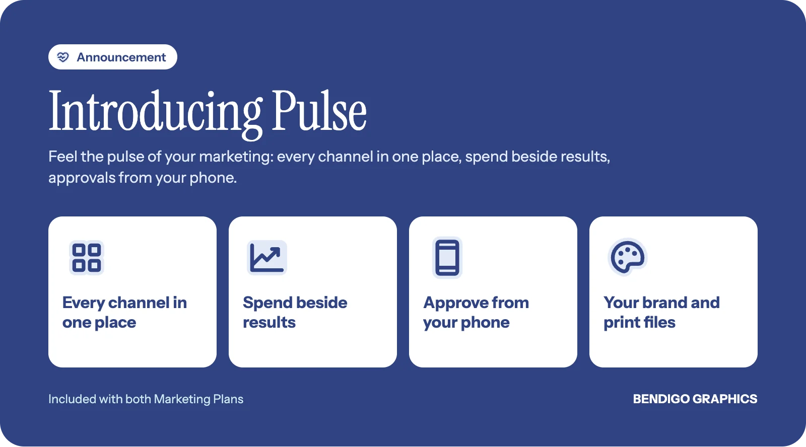 Announcement graphic for Pulse with tiles for every channel in one place, spend beside results, approving from a phone, and a brand and print hub.