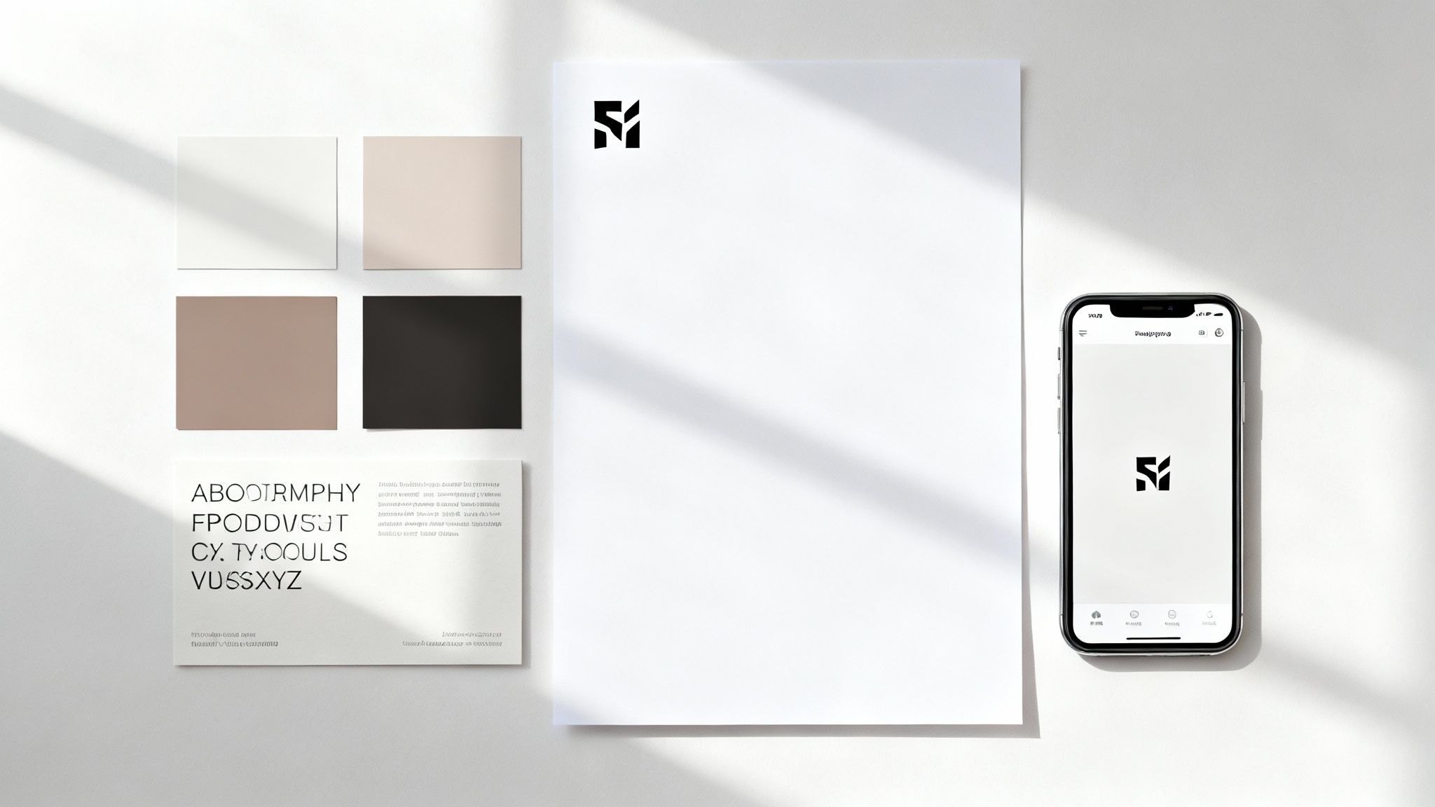 A designer working on a brand's visual identity with colour swatches and logo sketches.