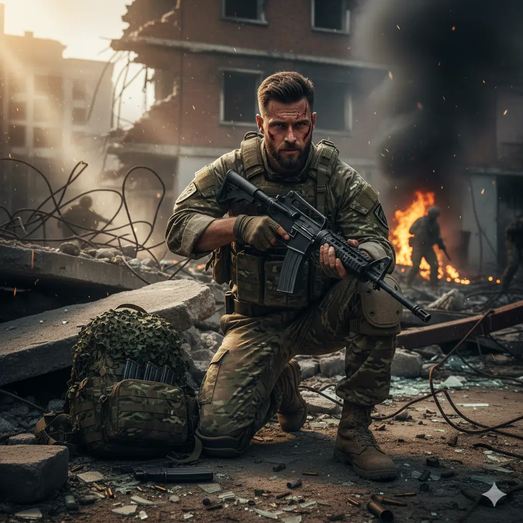 Hyper-realistic cinematic shot of a battle-worn soldier in tactical gear kneeling with a rifle amidst urban ruins, smoke, and fire background - Visual Design by Mahendra R.