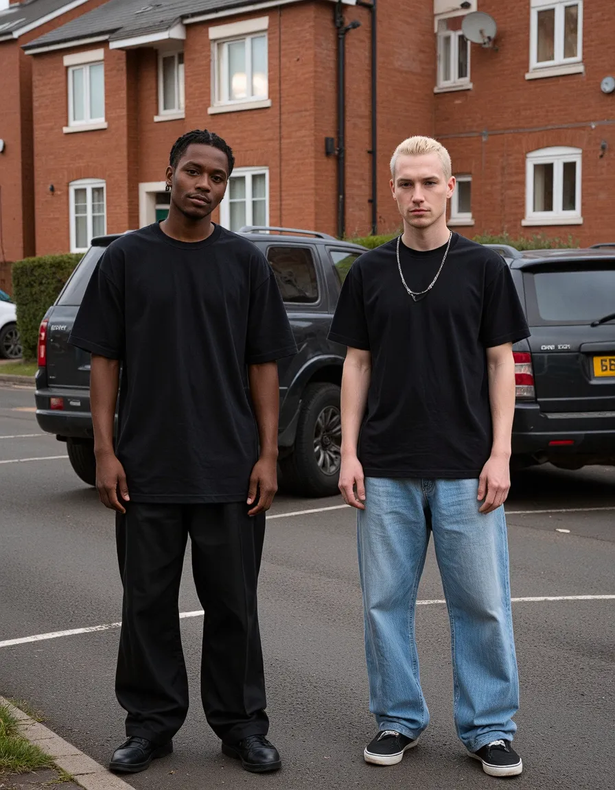 Two men in black t-shirts standing on residential street in casual street style portrait