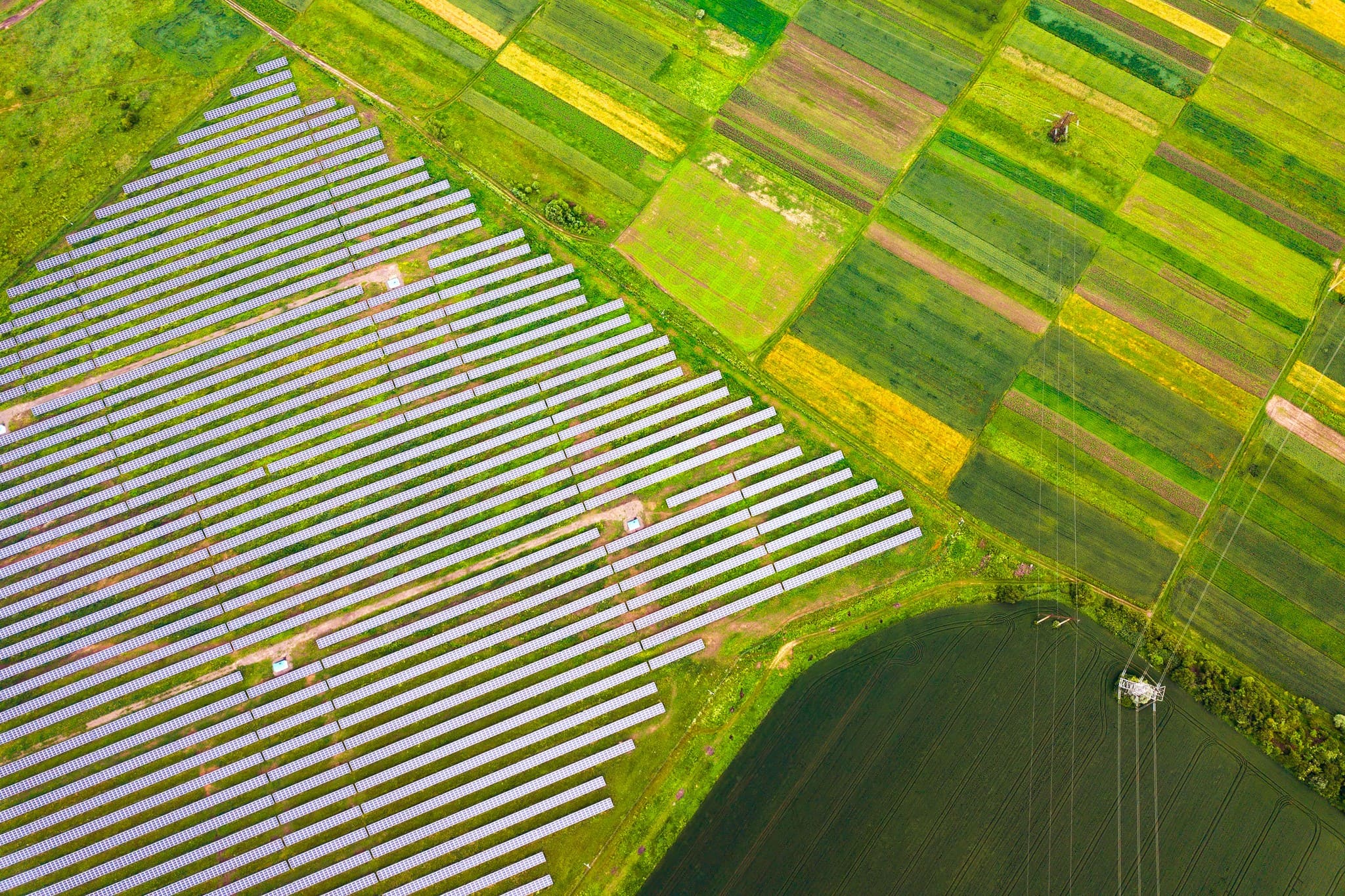 High-angle aerial view of a solar farm with rows of panels next to colorful agricultural fields.