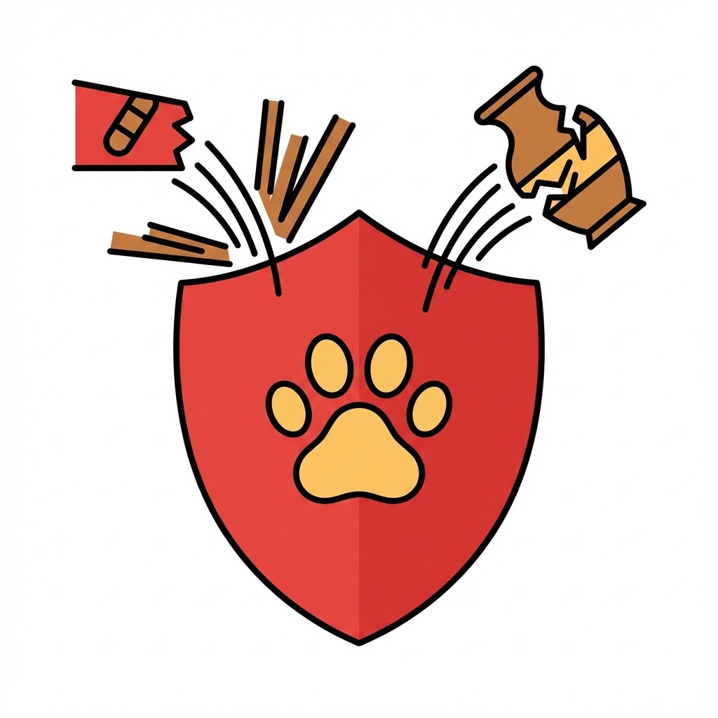 Ein rotes Schild mit einem Pfotenabdruck, das von zerbrochenen Gegenständen umgeben ist.