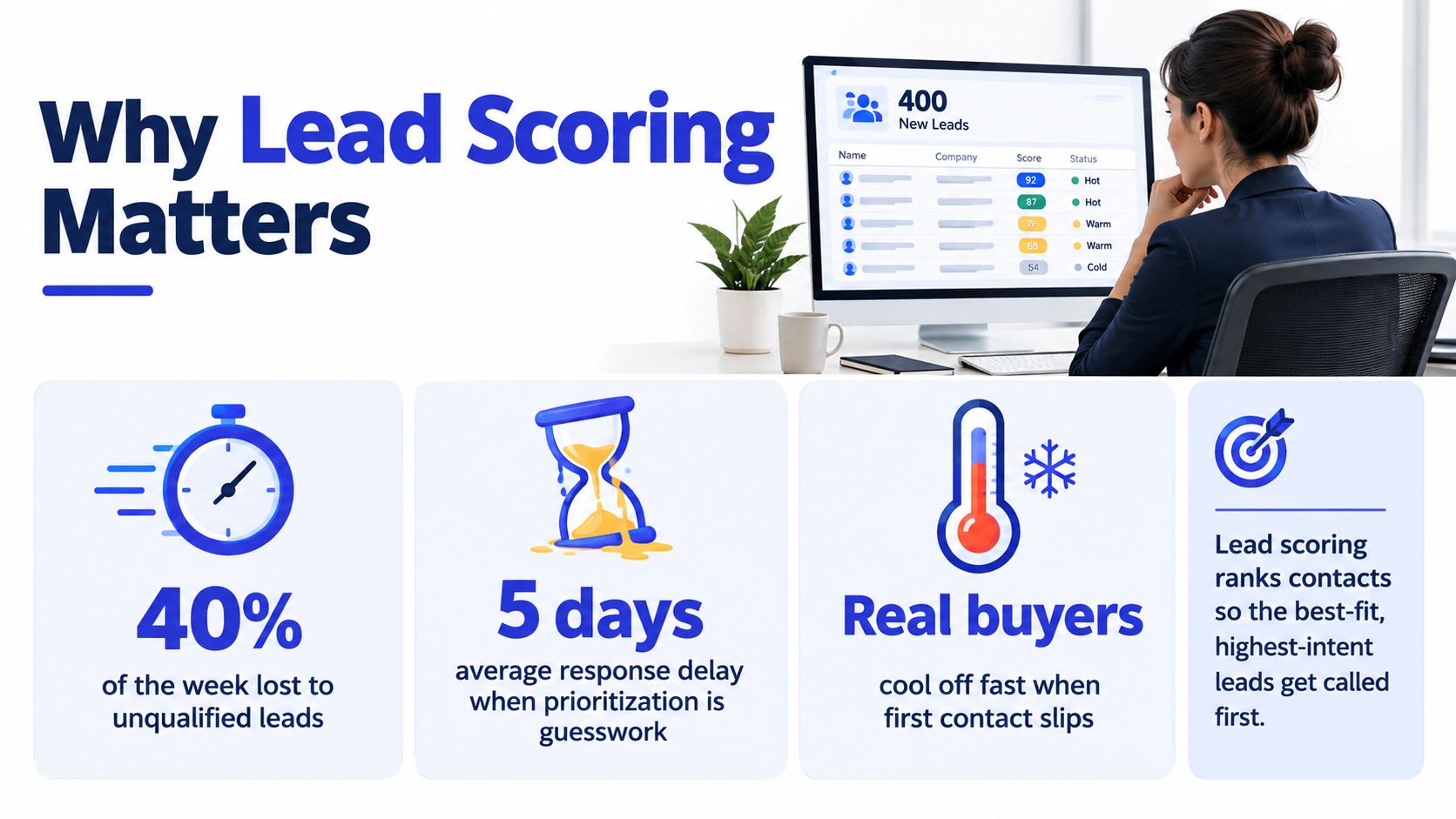 A professional working on lead scoring software, highlighting data efficiency and prioritized sales strategies.
