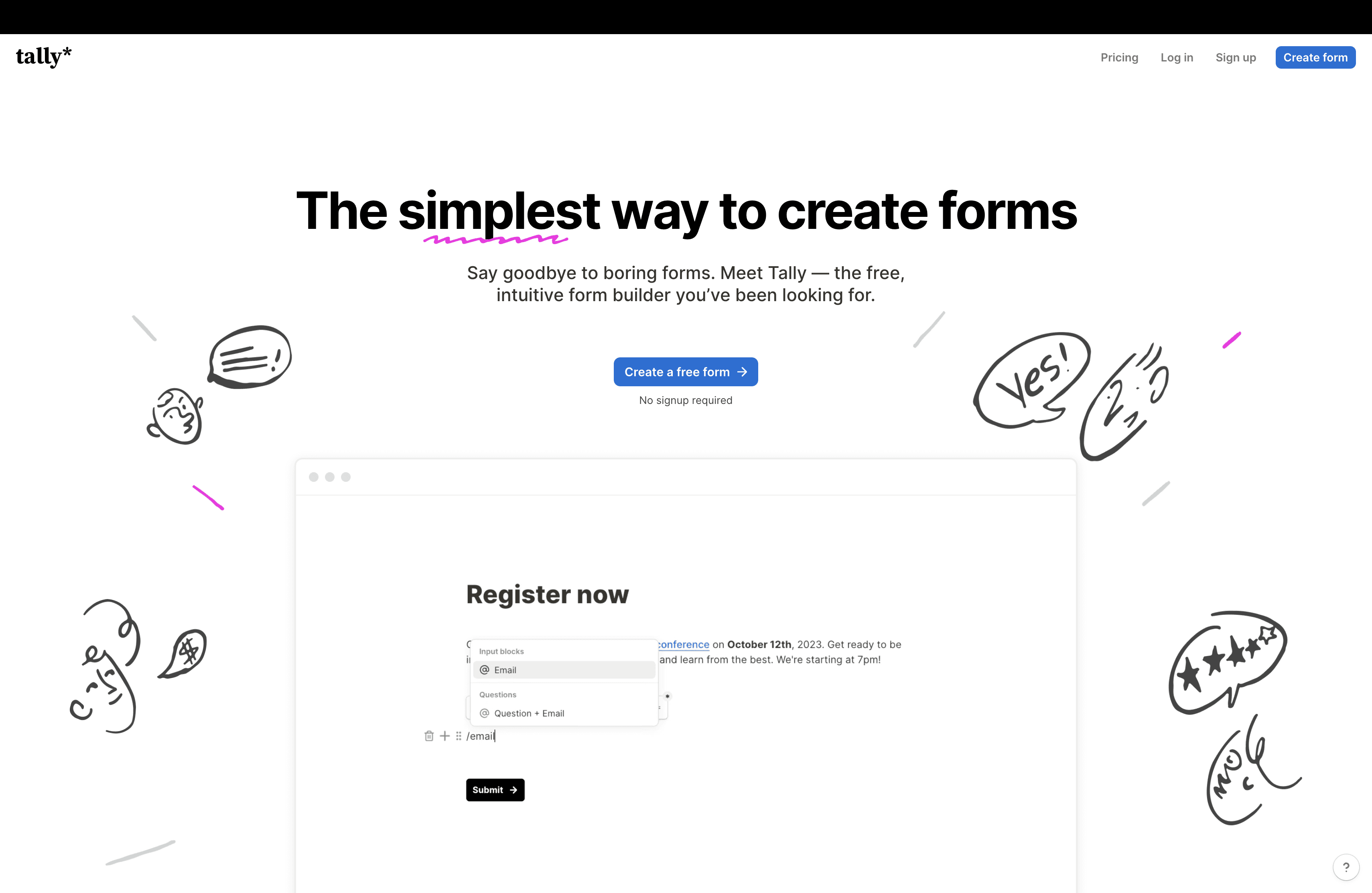 Tally homepage no-code form builder
