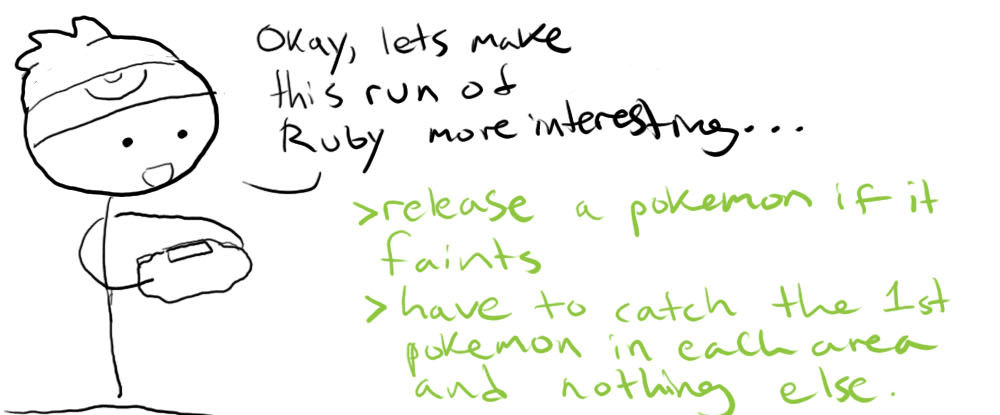 Nick Franco's comic diplaying the rules of a Nuzlocke Challenge. 1 Release a Pokemon if it faints 2. Have to  catch 1st Pokemon in each area and nothing else.