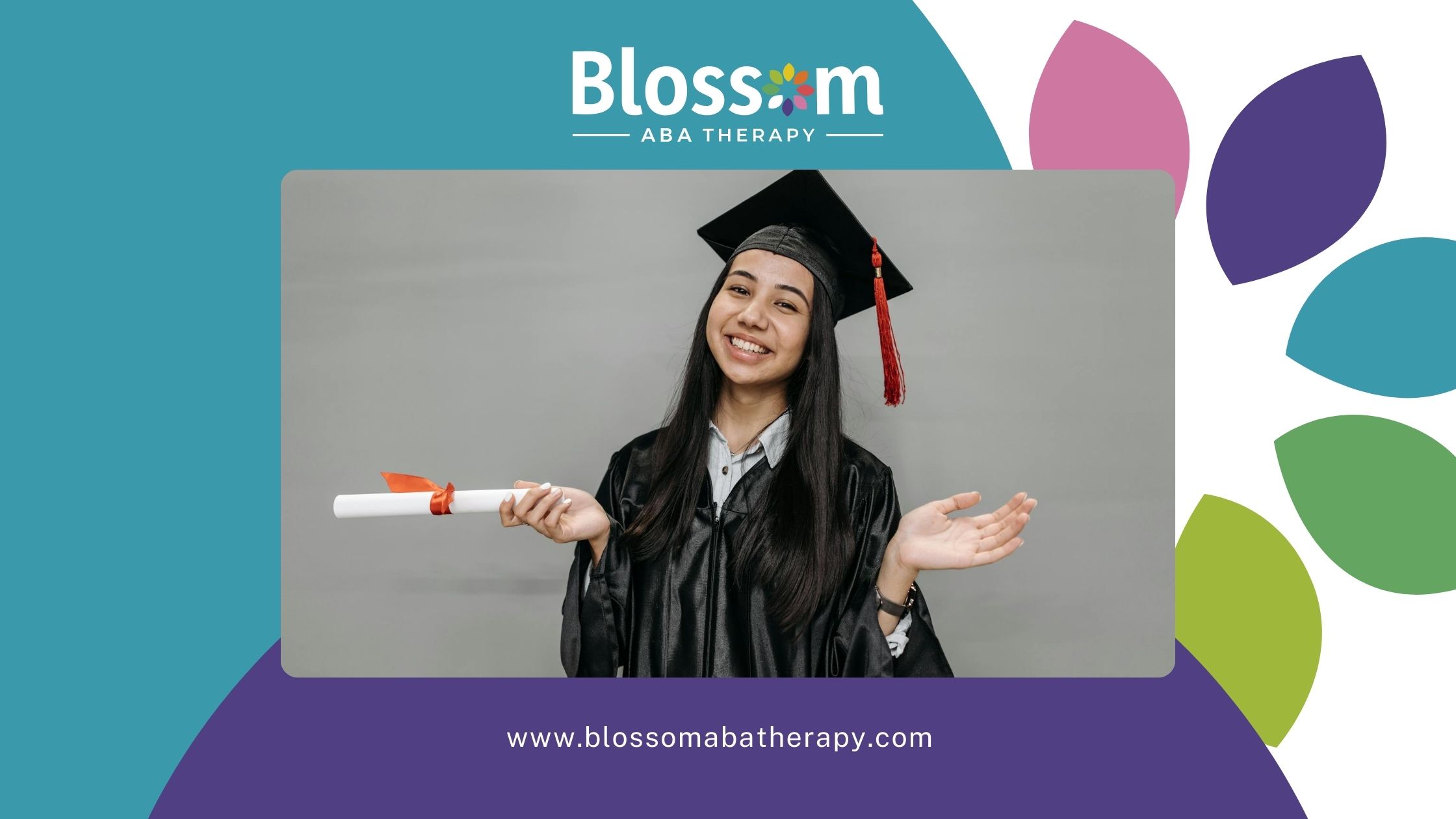 A smiling BCBA bachelor's degree graduate in a cap and gown holding a diploma in Nebraska.