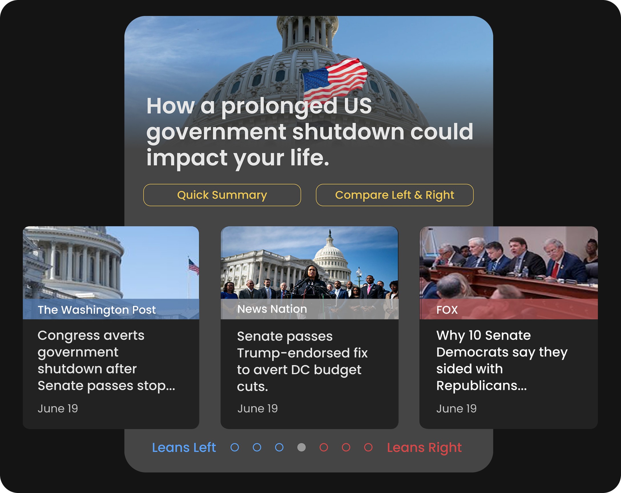 A headline section of the mobile app with main title, option to view summary or compare left vs right and several different source options all reporting on the same topic.