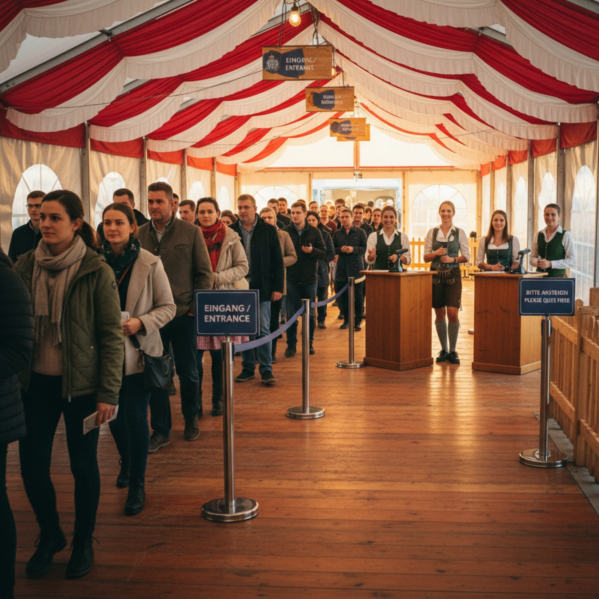 Unter dem gestreiften Zeltdach gleitet eine geordnete Besucherreihe zum Eingang. Ein Team begrüßt freundlich, weist Wege und prüft Bändchen, im Hintergrund schimmert das warme Innenlicht. Die Bewegung wirkt flüssig und kontrolliert, die Stimmung lebendig und erwartungsvoll.