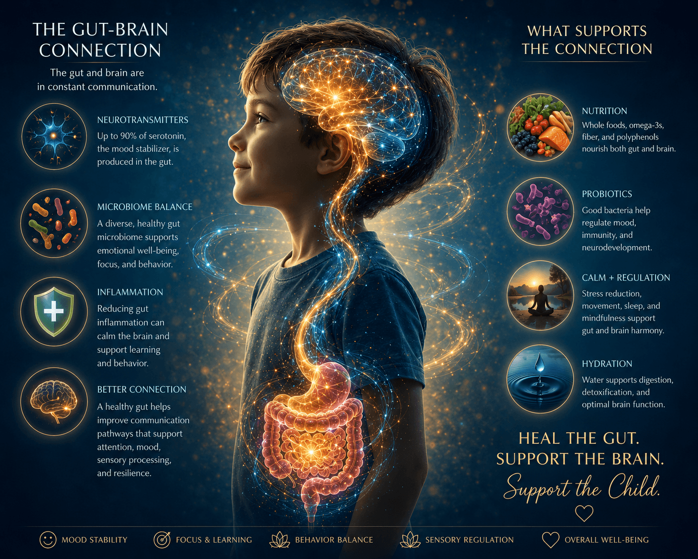 A chart showing a glowing brain & intestines surrounded by notes on how to improve the connection between the two
