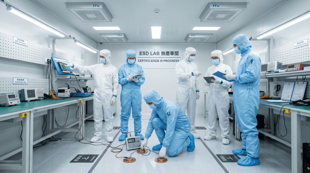 完成後的ESD實驗室無塵室走廊與測試區，展示人體接地系統與HVAC氣流設計 / Finished ESD lab cleanroom corridor and test area with personnel grounding and optimized HVAC airflow