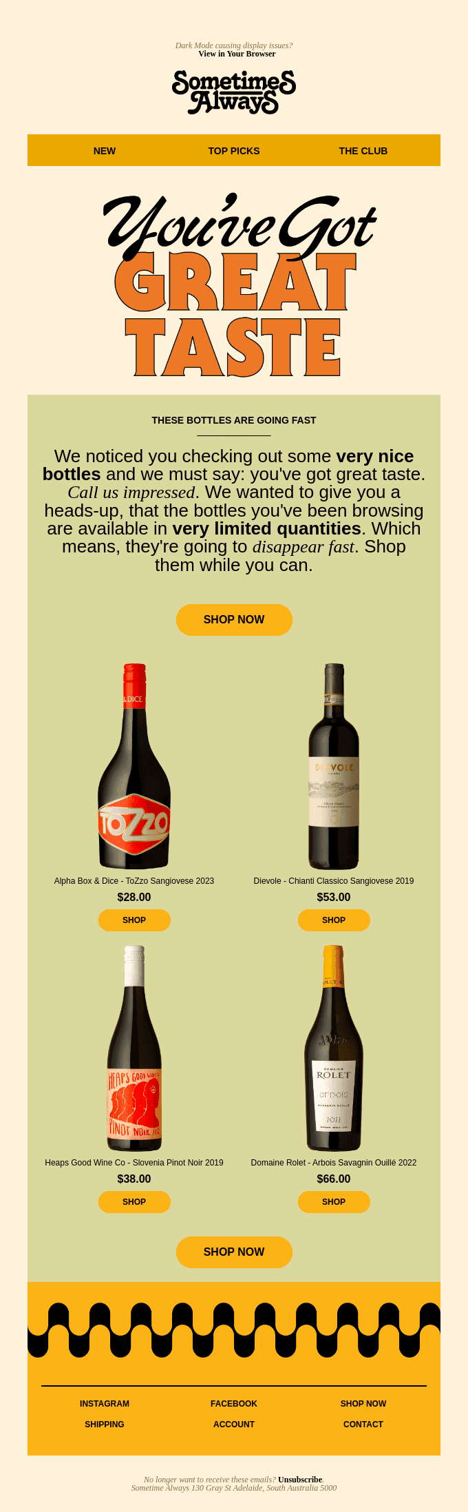 Sometimes Always browse abandonment email featuring recently viewed wine bottles, emphasising limited stock with a Shop Now button to drive urgency