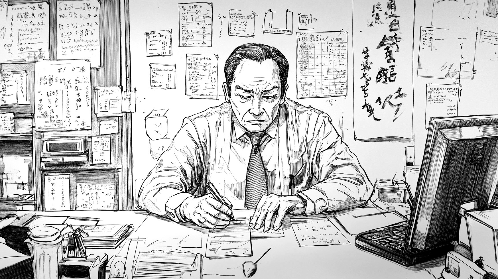 Illustrated drawing of a man in an office setting, wearing a dress shirt and tie, concentrating as he writes on a piece of paper. The office is cluttered with documents and notes pinned on the walls behind him, and a desktop computer is seen on his desk.