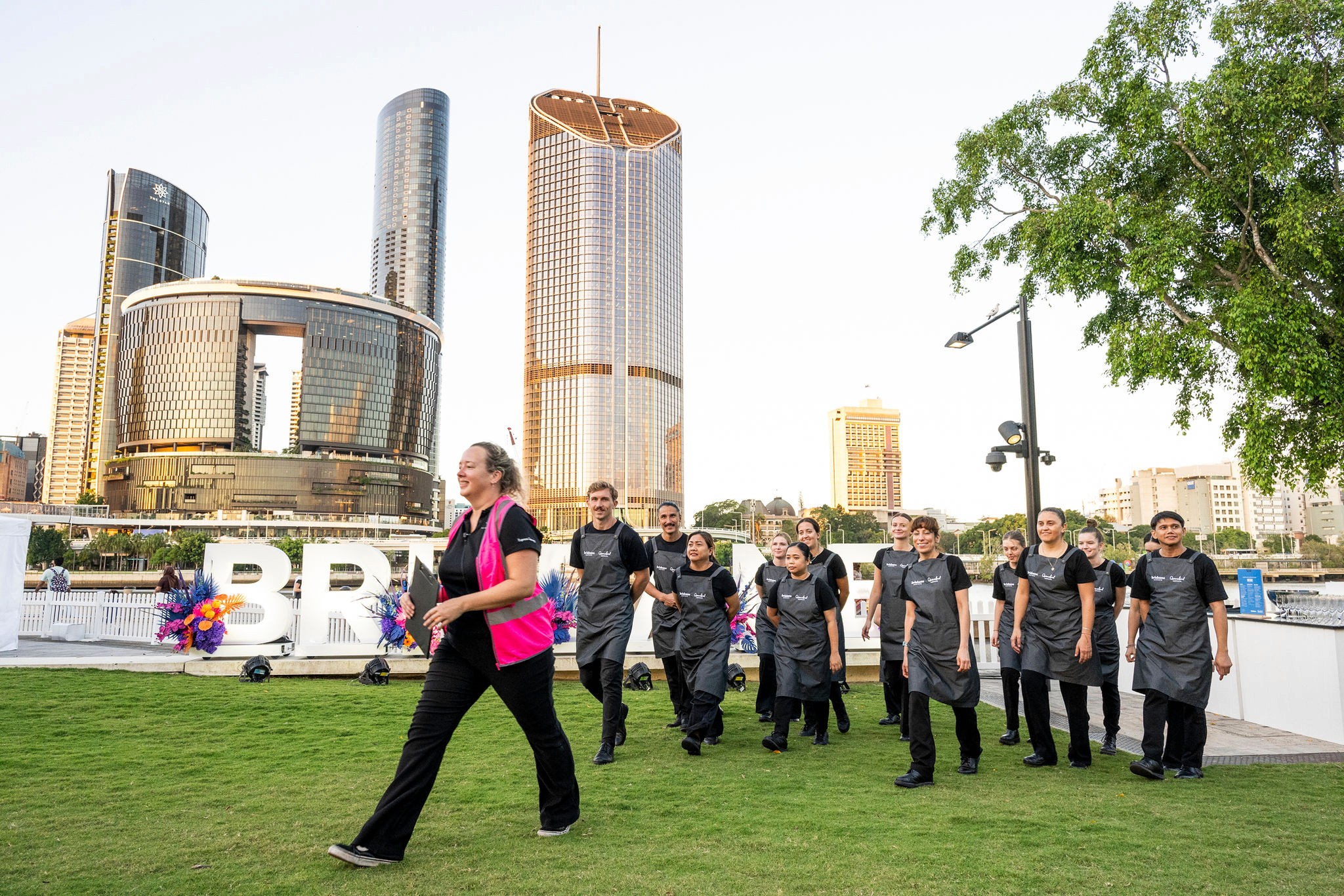 Staff briefing and walkthrough of the event space at the Australian Tourism Exchange Queensland Showcase