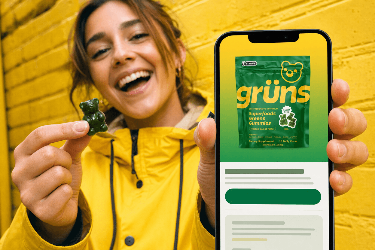 Smartphone showing an ecommerce email design with a Grüns greens gummies pouch as the hero image and a single full-width CTA button
