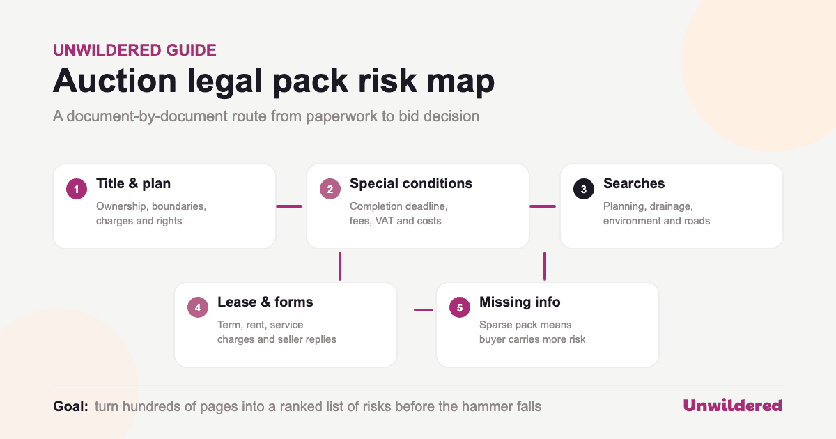 Diagram showing an auction legal pack risk map from title and plan to special conditions, searches, lease documents and missing information.